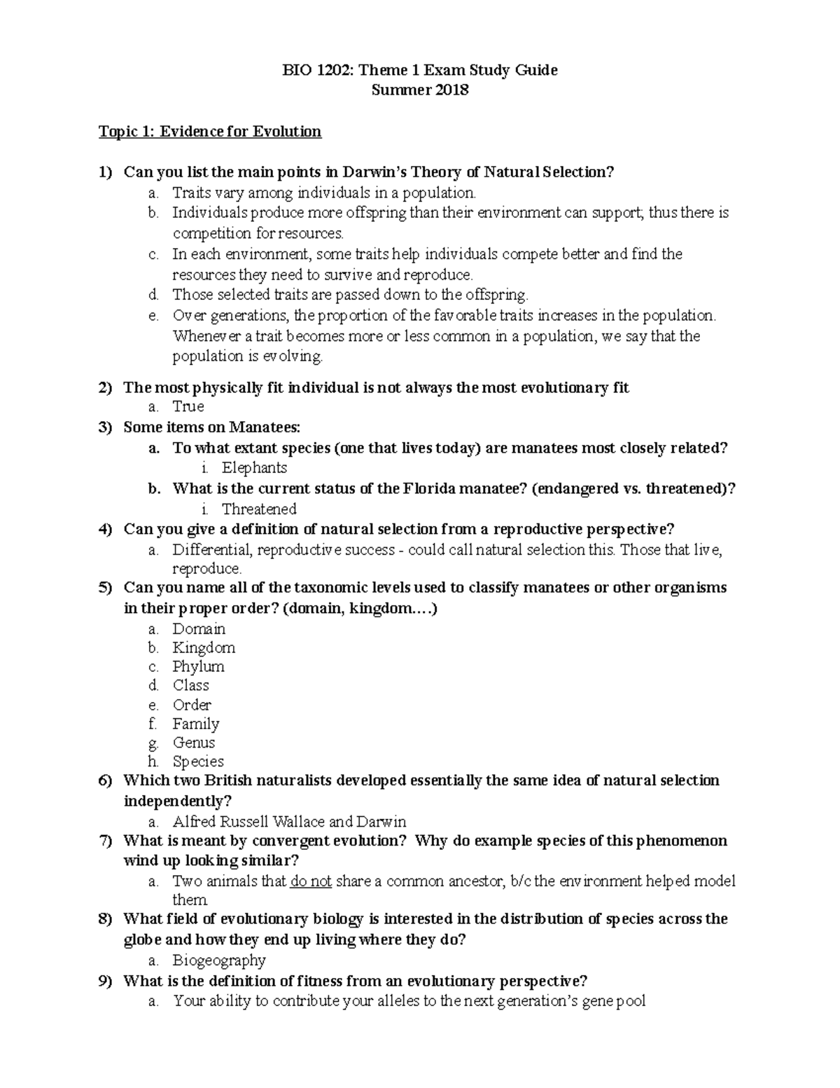 Bio 1202 study guide 1 - BIO 1202: Theme 1 Exam Study Guide Summer 2018 ...