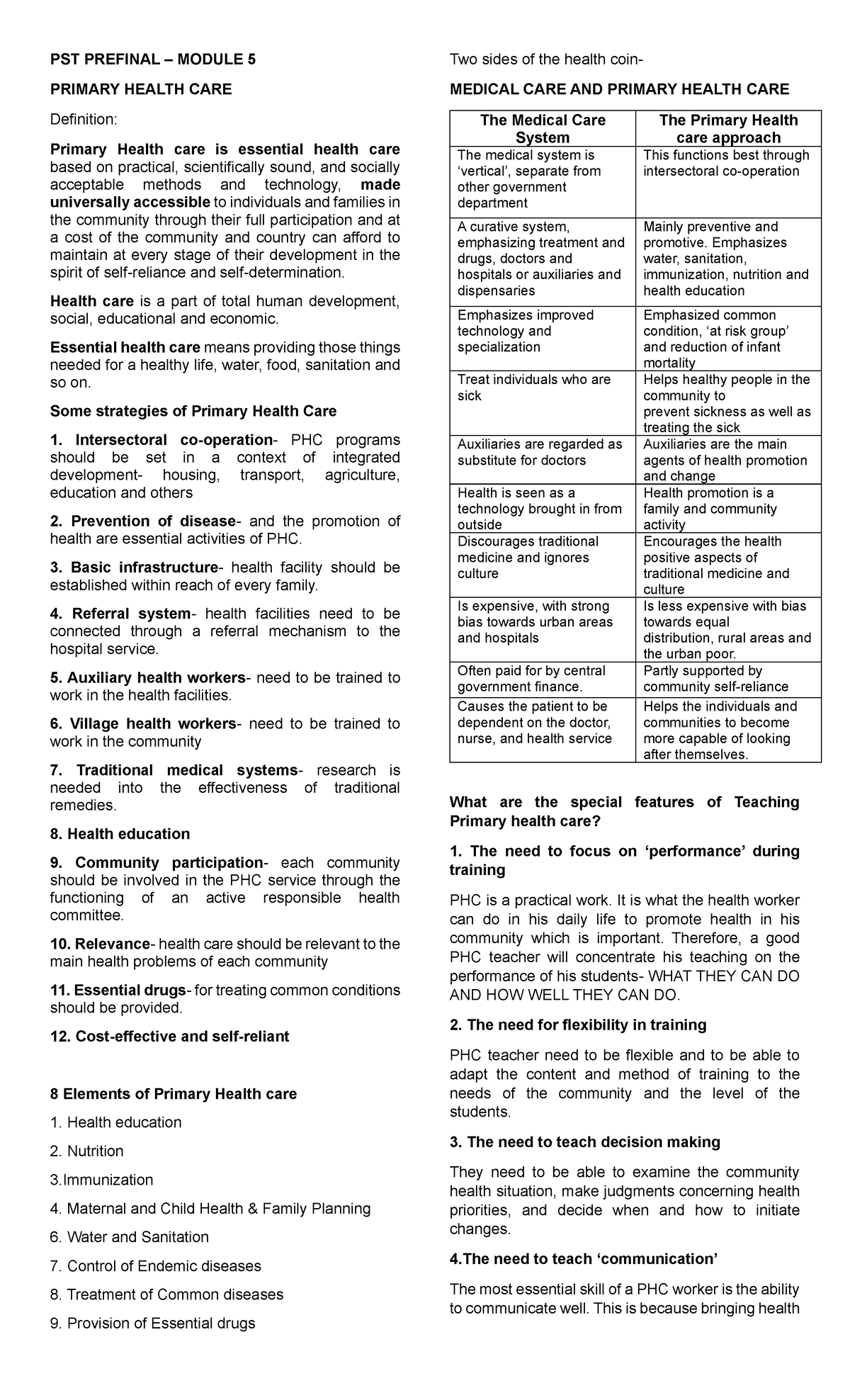 PST Module 5-6 - PST PREFINAL – MODULE 5 PRIMARY HEALTH CARE Definition ...