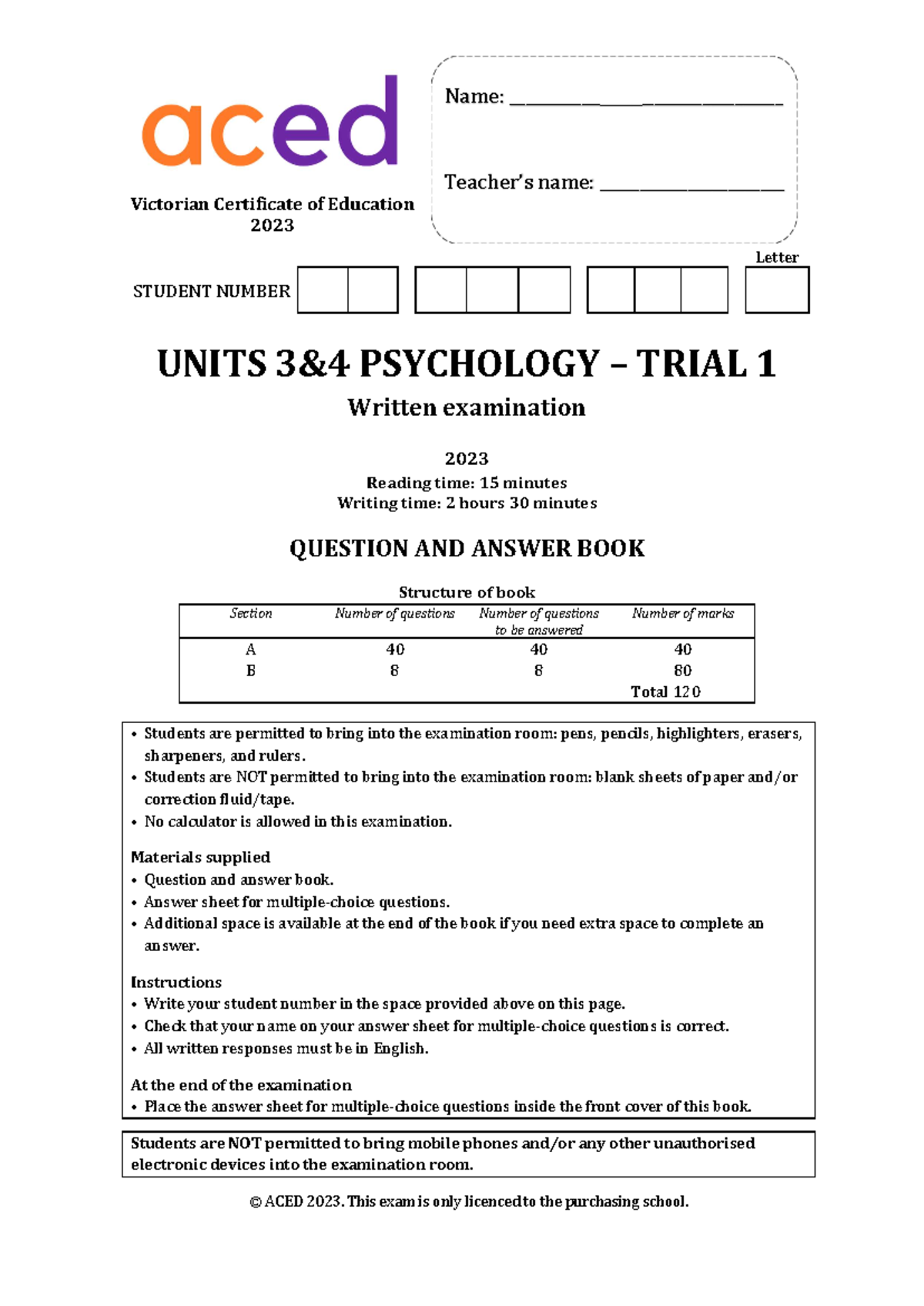 2023 ACED U34 Questions - Victorian Certificate of Education 2023 ...