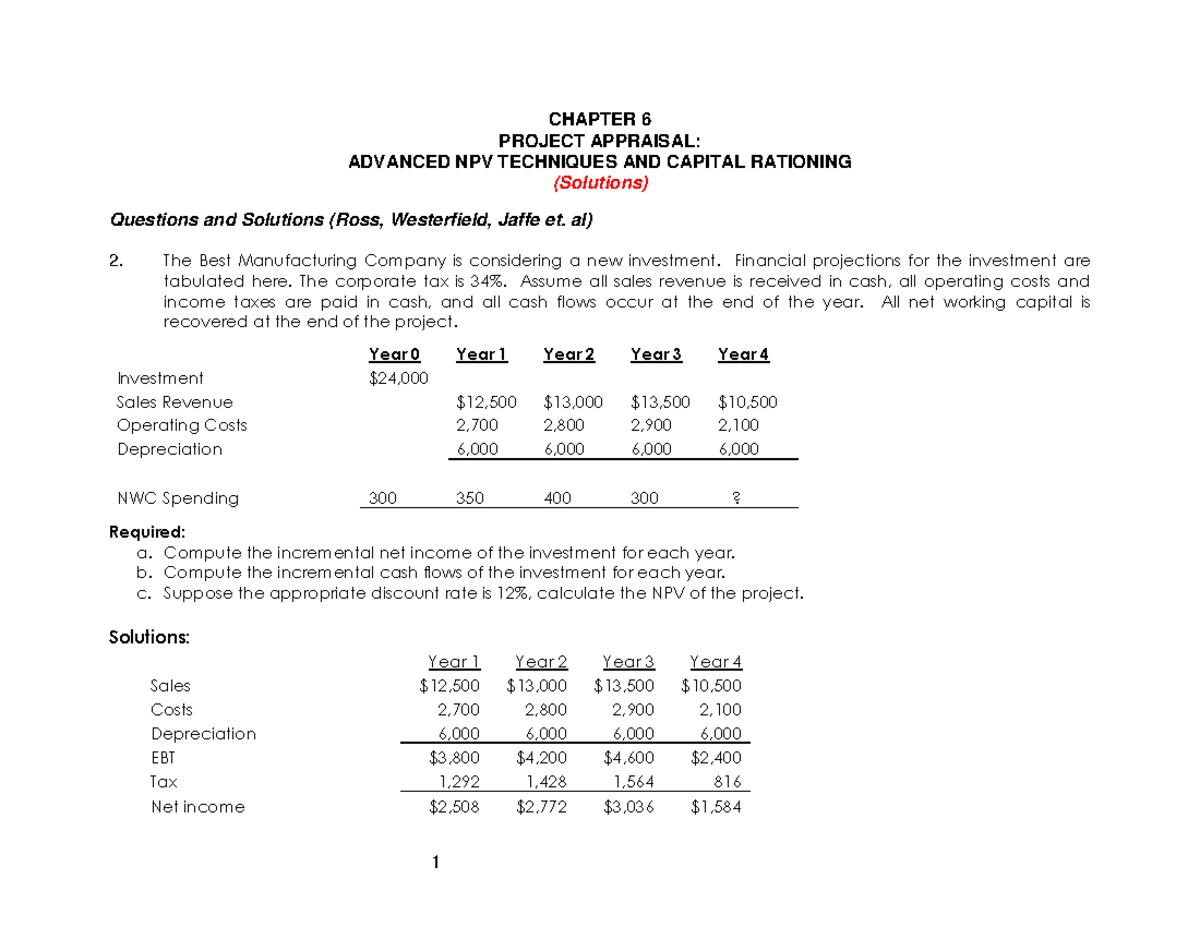 Tutorial 2 Solutions - ADVANCED NPV TECHNIQUES AND CAPITAL RATIONING ...