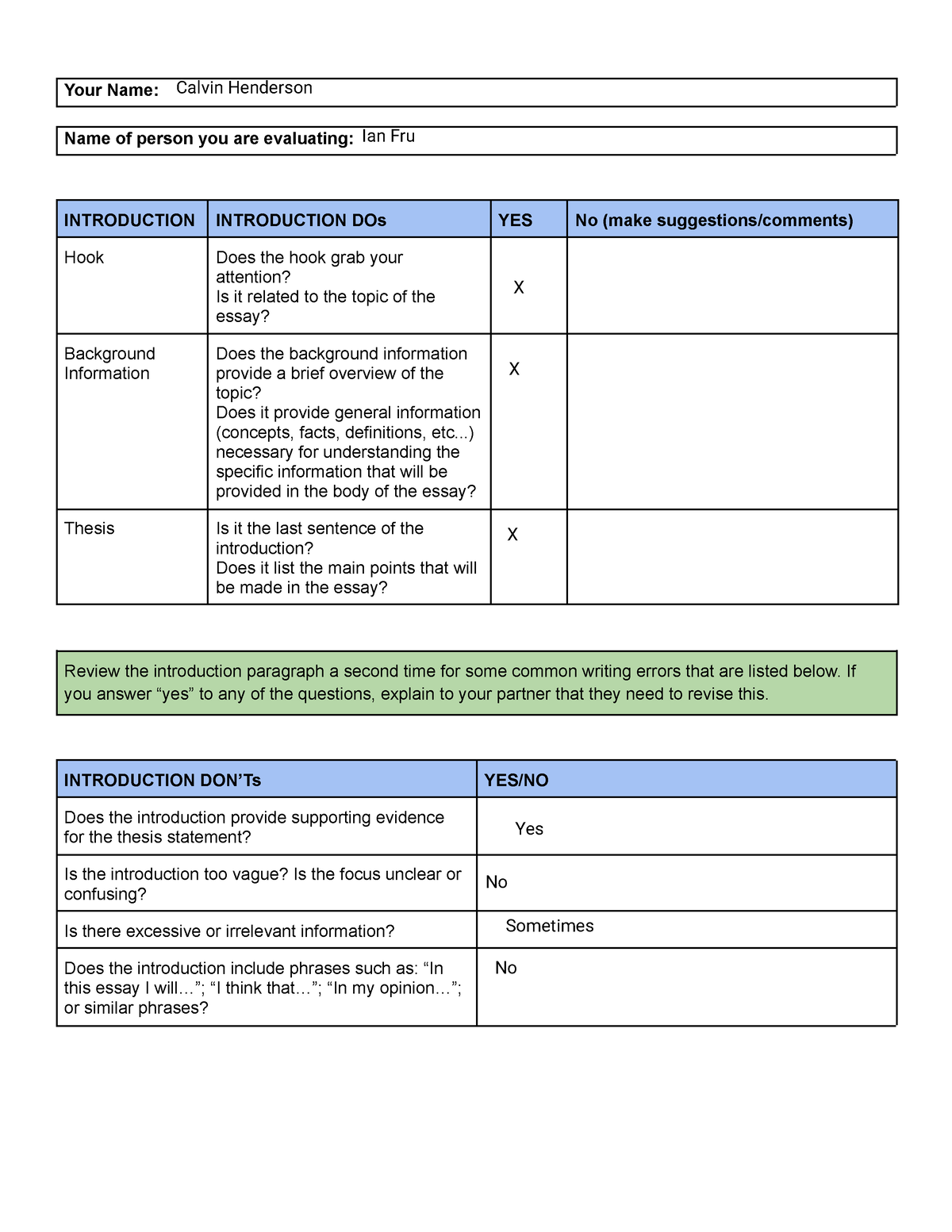 Introduction Peer Review - Your Name: Name of person you are evaluating ...