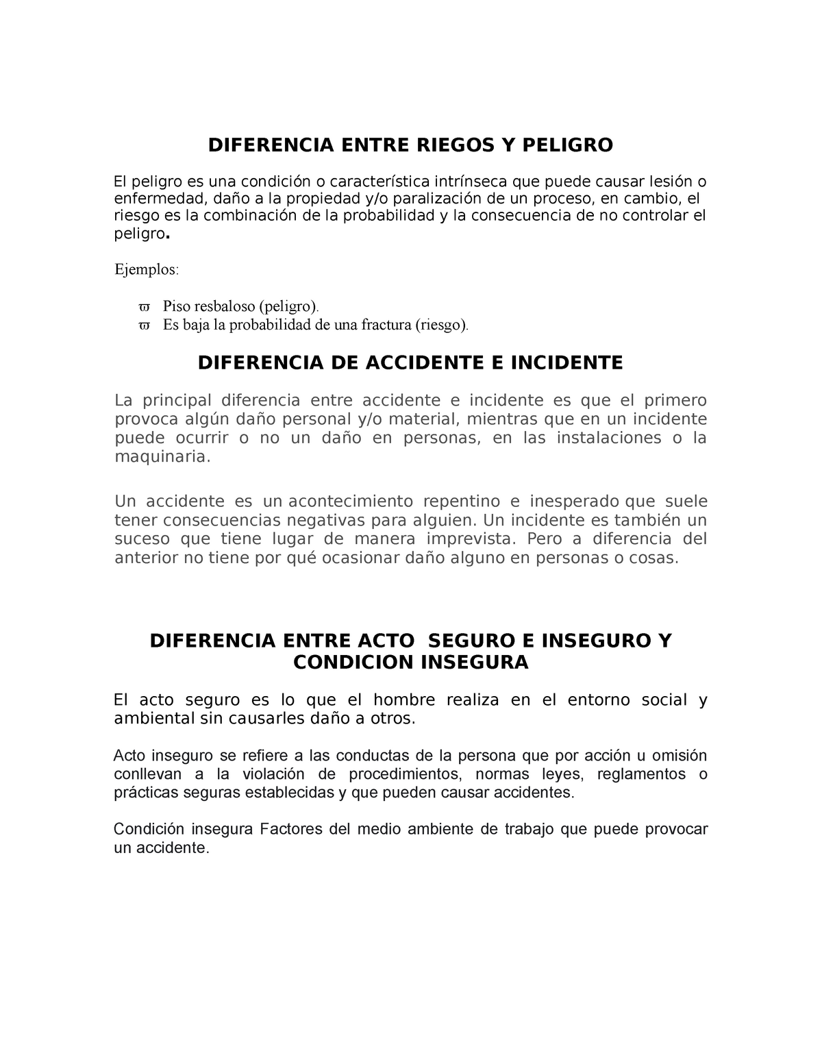 Diferencia Entre Riesgo Y Peligro, Accidente E Incidente Laboral, Acto ...