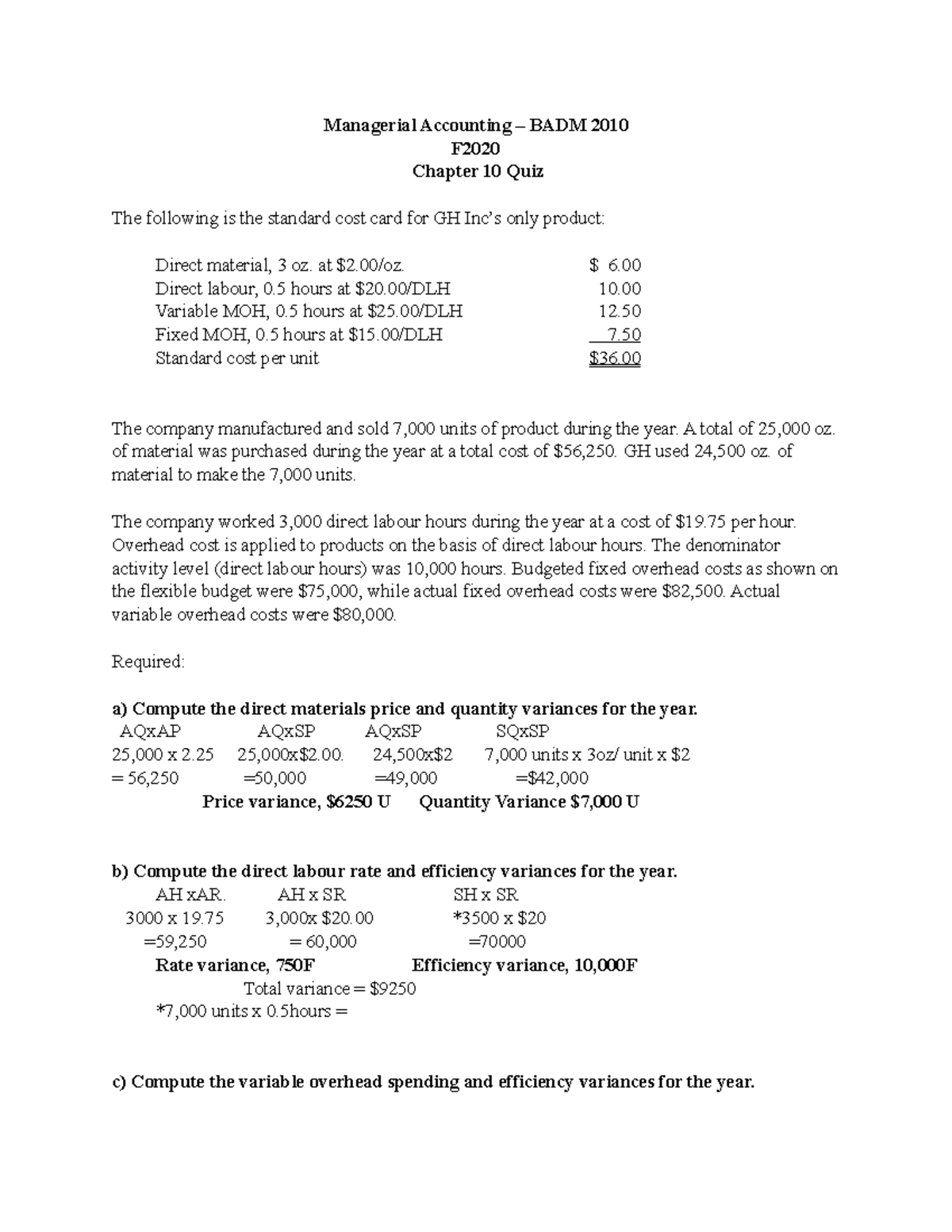 Managerial Accounting Chapter 10 Quiz and Answers Acct2230 U of G