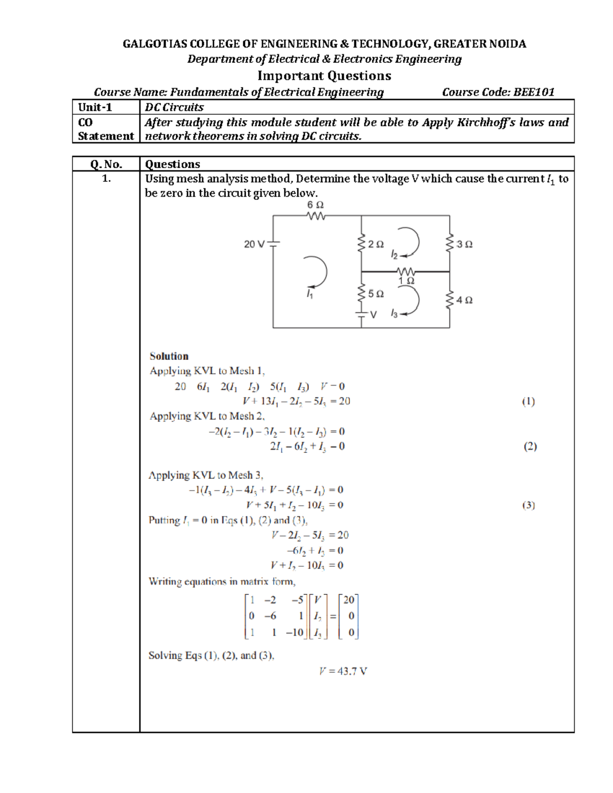 BEE101 201 Electrical Important Questions Solutions Department of