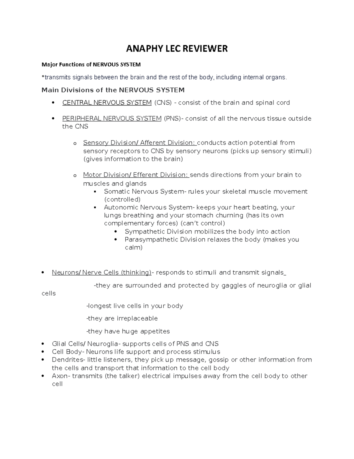 Anaphy LEC Reviewer - ANAPHY LEC REVIEWER Major Functions Of NERVOUS ...