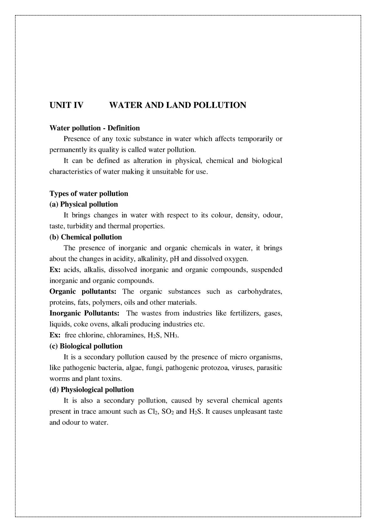 EVS(U4) - Environmental Science Lecture Notes - UNIT IV WATER AND LAND POLLUTION Water Pollution ...