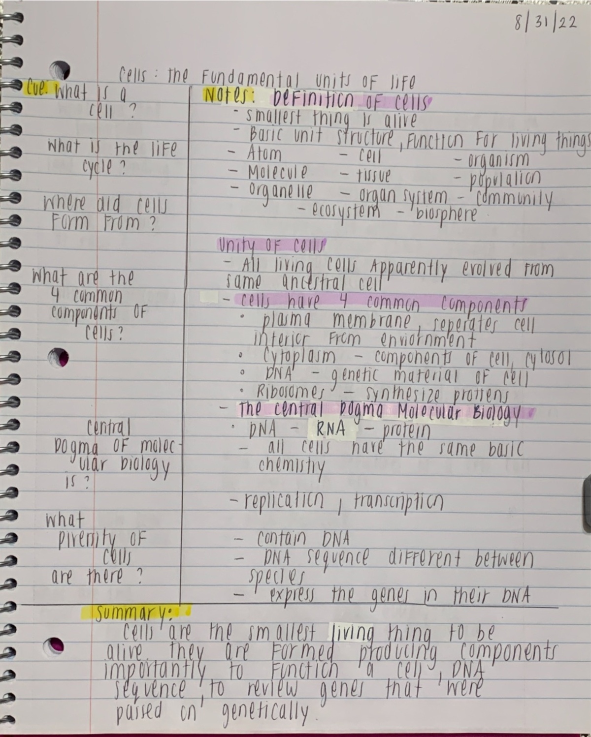 Cornell Notes - CUP. what cells : the Fundamental units OF life is a ...