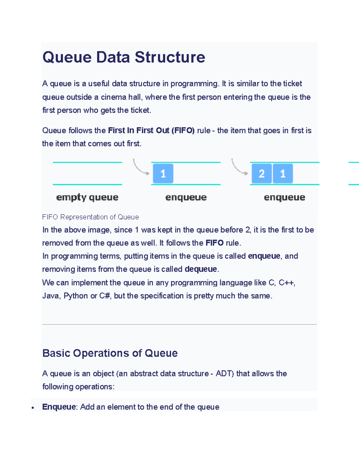 Queue Data Structure - It is similar to the ticket queue outside a ...