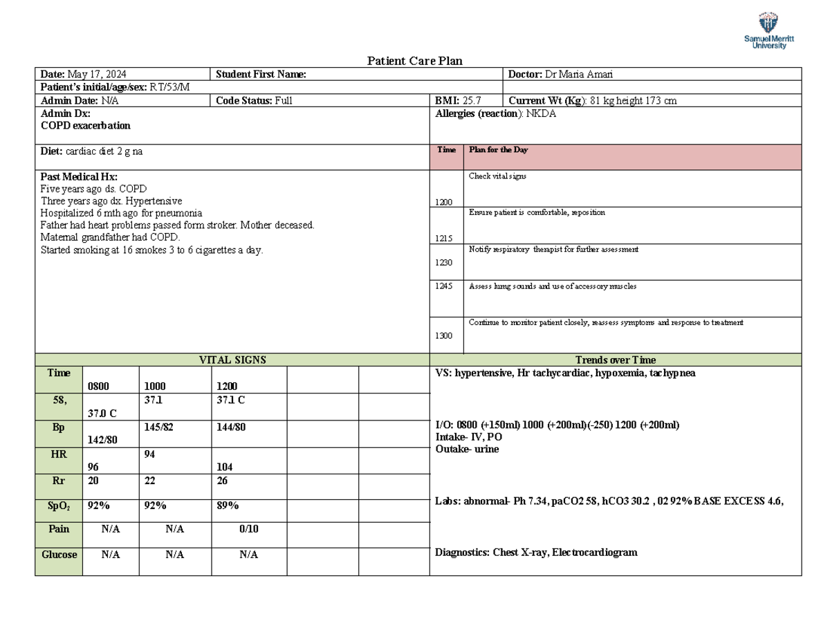RT- Samuel Merritt University Patient Care Plan - Patient Care Plan ...