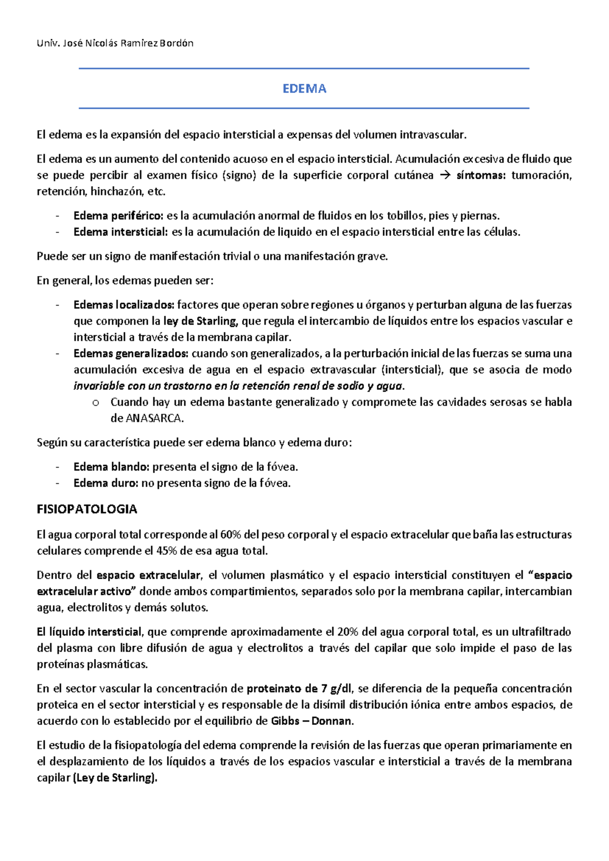 4- Semiologia DEL Edema - EDEMA El edema es la expansión del espacio ...