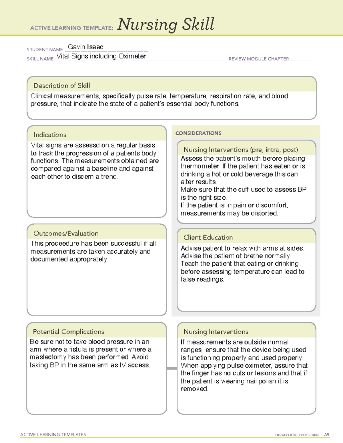 Vital Signs Nursing Skill Template