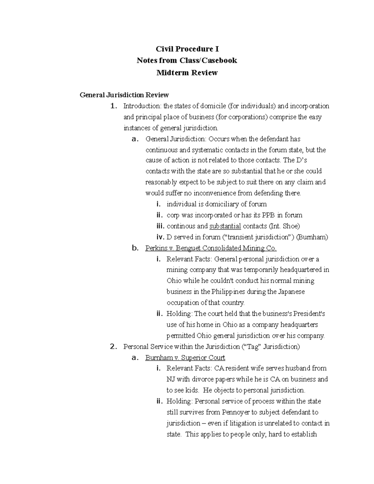 General Jurisdiction Review Civil Procedure I Notes from Class