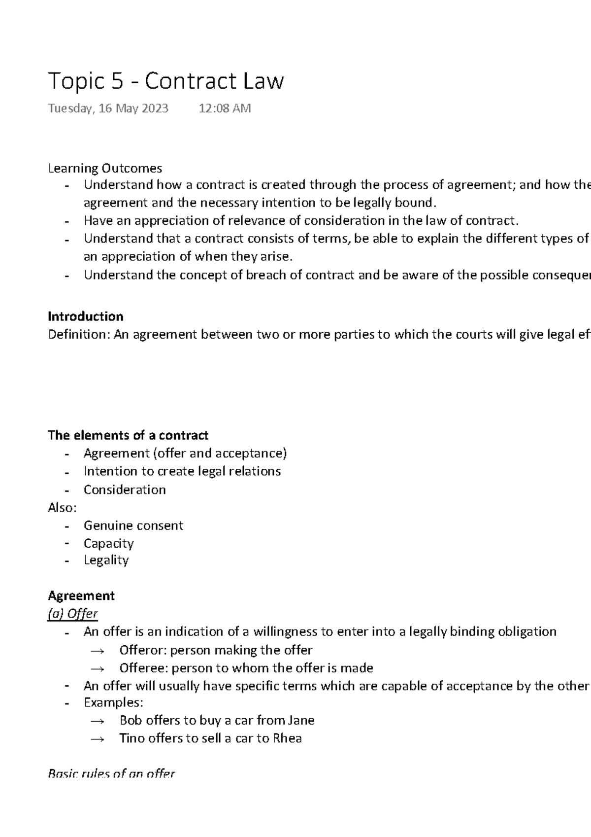 Topic 5 - Contract Law - Lecture Notes - Learning Outcomes Understand ...