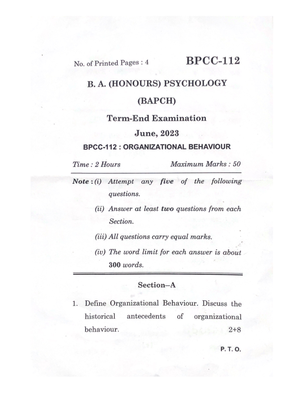 BPCC 112 July'23 Question Paper - Organizational Behaviour - Studocu