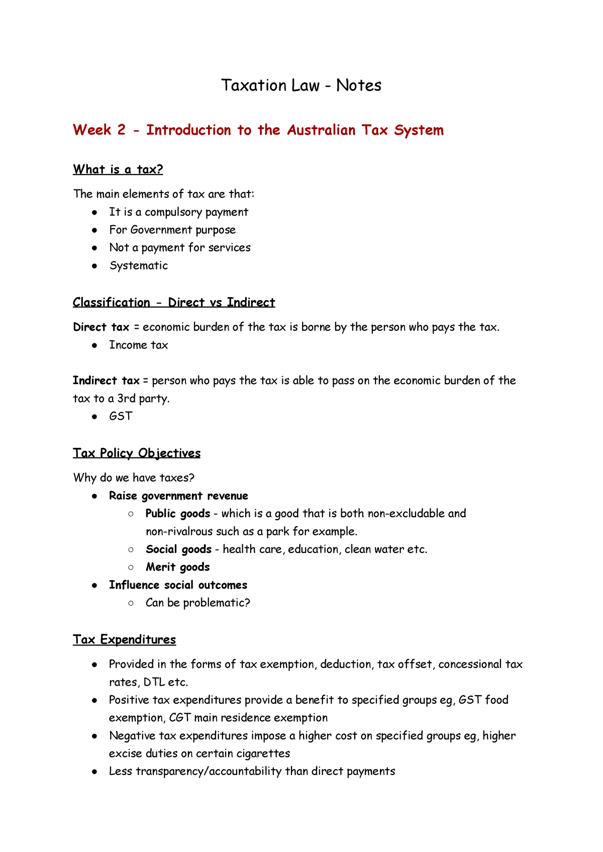 Taxation Law Notes Week 2 - Taxation Law - Notes Week 2 - Introduction ...