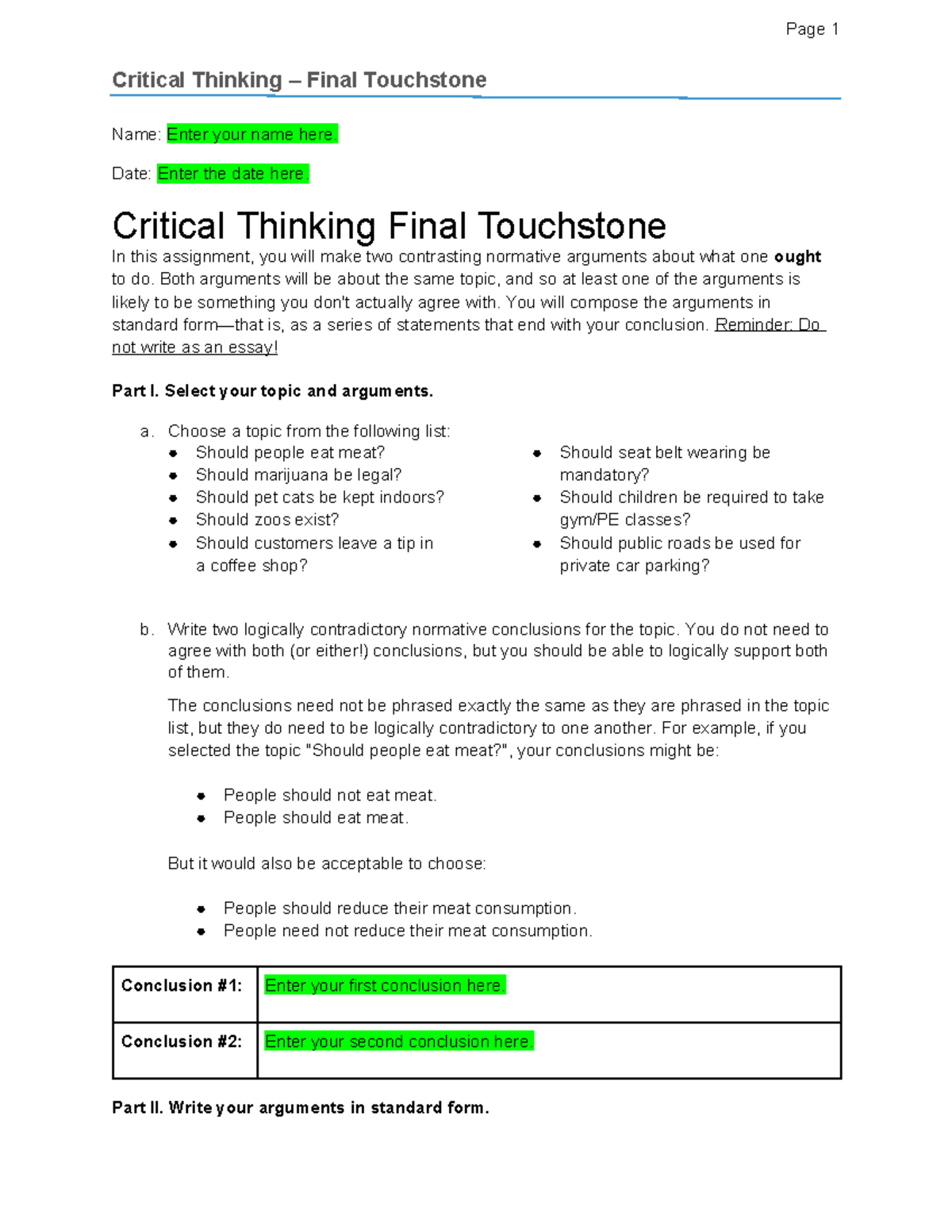 Critical Thinking Touchstone 4 Template - Critical Thinking – Final ...
