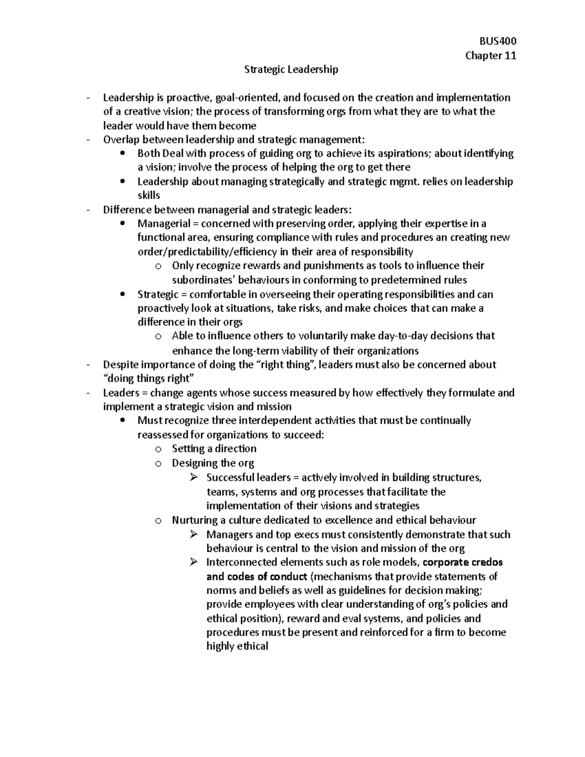 Chapter 11 - Summary Strategic Management: Creating Competitive ...