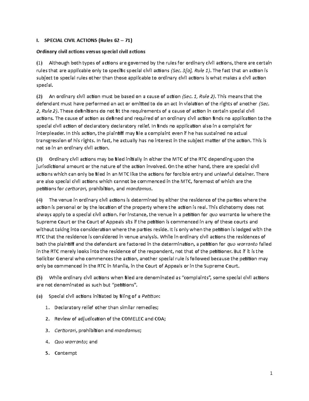 Special Civil Action Lecture Notes I SPECIAL CIVIL ACTIONS Rules 62 