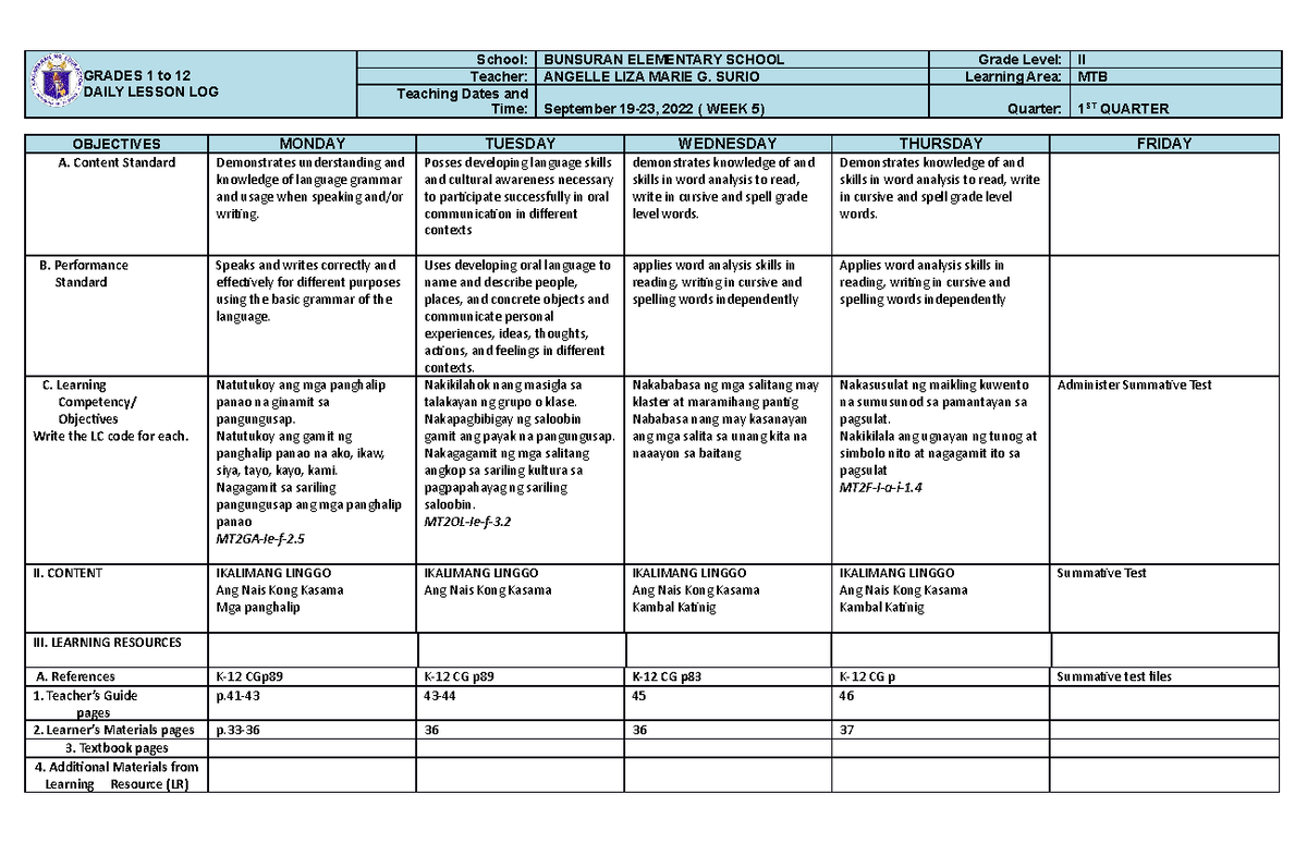 DLL MTB 2 Q1 W5 D1 - For lesson plan ideas - GRADES 1 to 12 DAILY ...