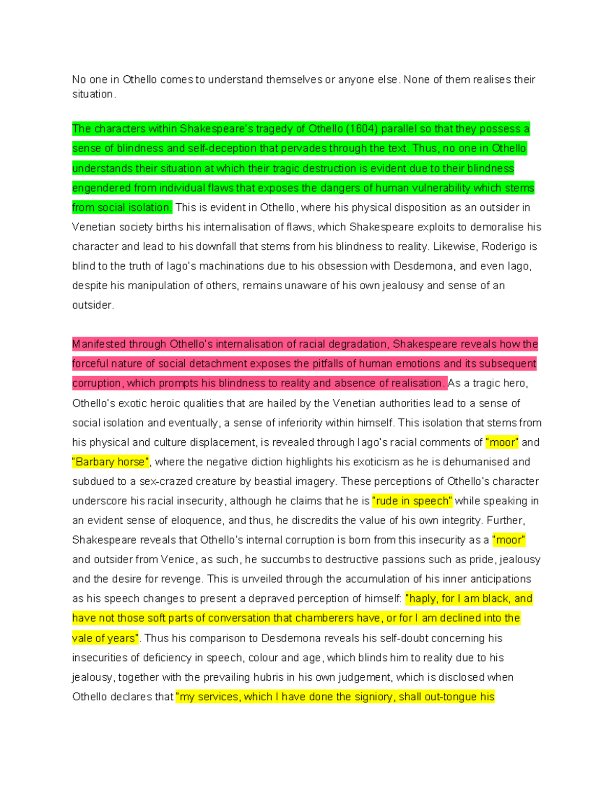 essay structure for othello