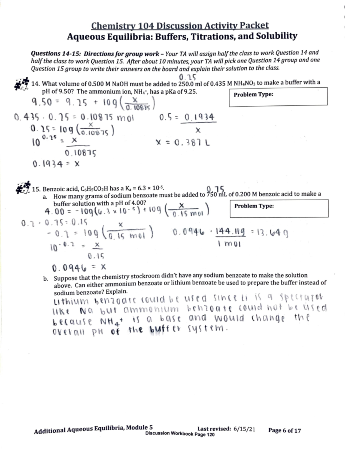Discussion Activity 9 Aqueous Equilibria Buffers, Titrations, and