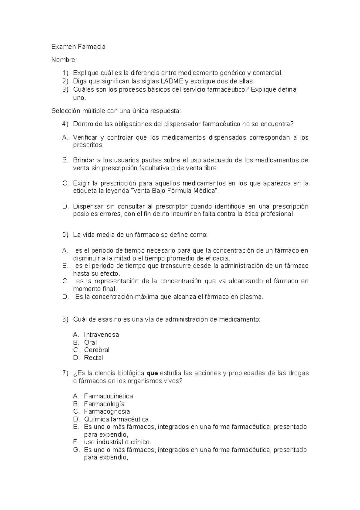 Examen Farmacia - JKJKHJHFGHGKKK - Examen Farmacia Nombre: Explique ...