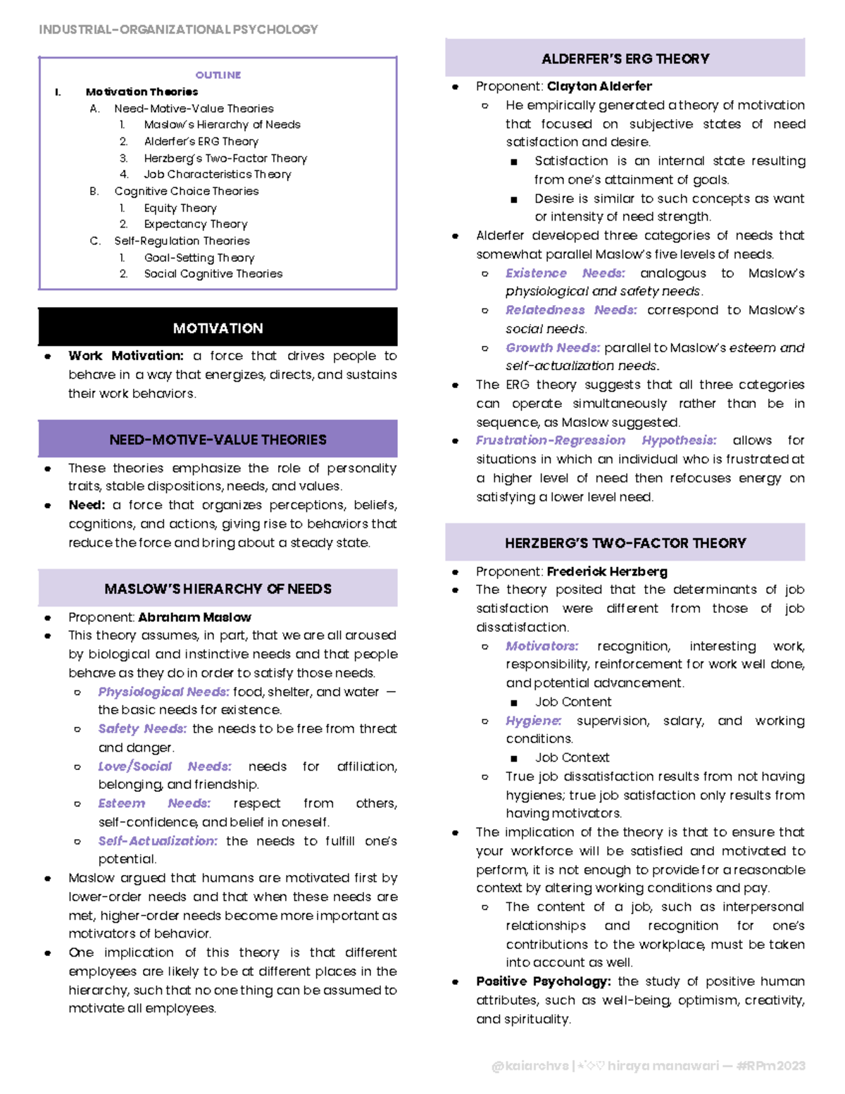 Motivation - OUTLINE I. Motivation Theories A. Need-Motive-Value ...