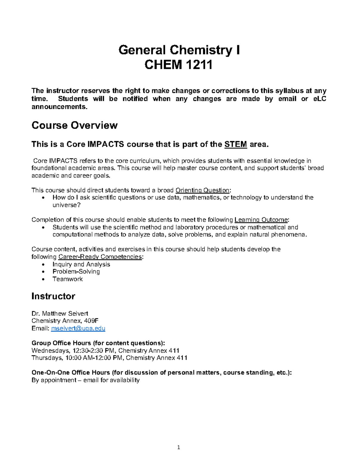 CHEM 1211 Syllabus Spring 2024 - General Chemistry I CHEM 1211 The ...