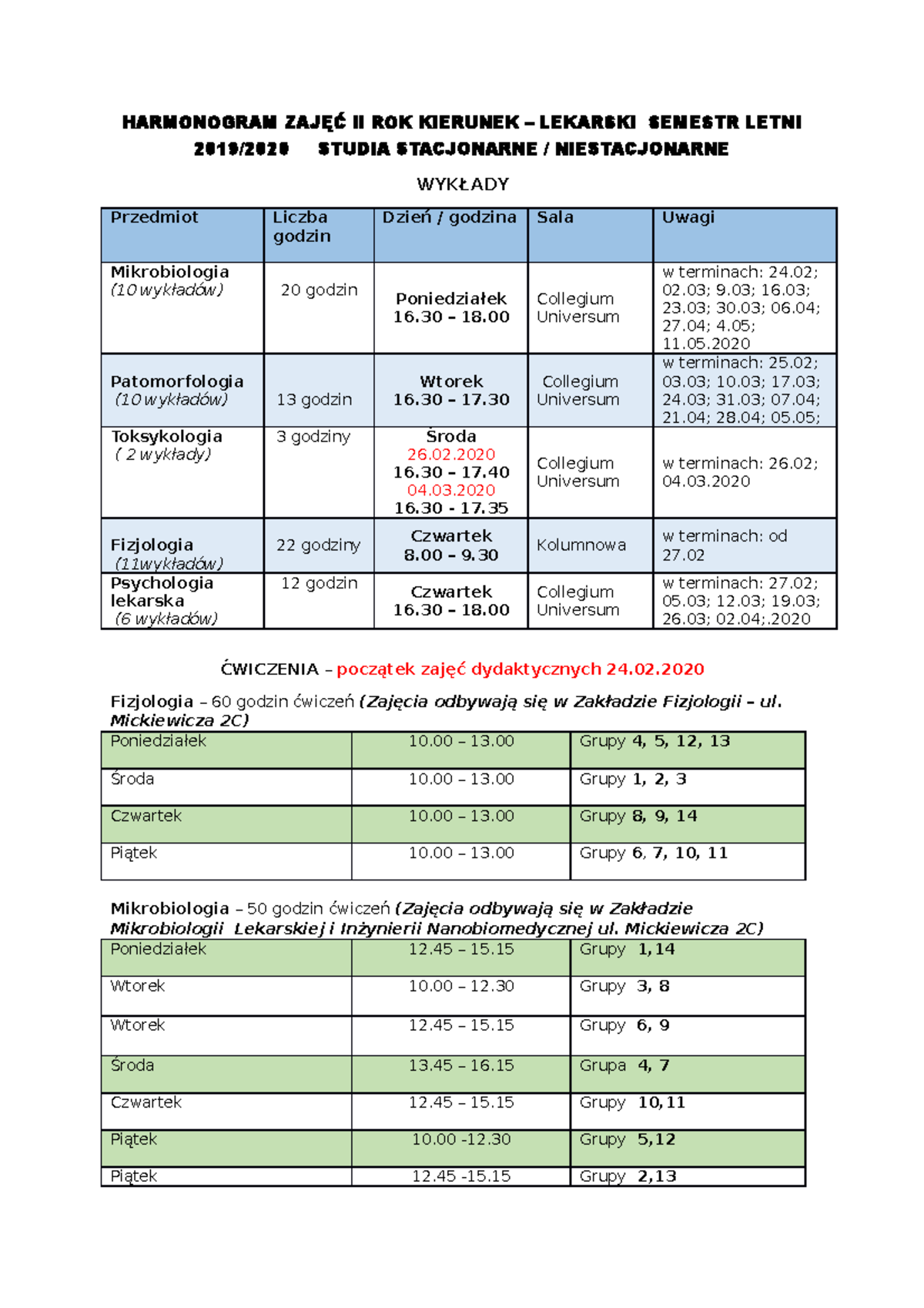 Ii rok lekarski semestr letni 2019-2020 - HARMONOGRAM ZAJĘĆ II ROK