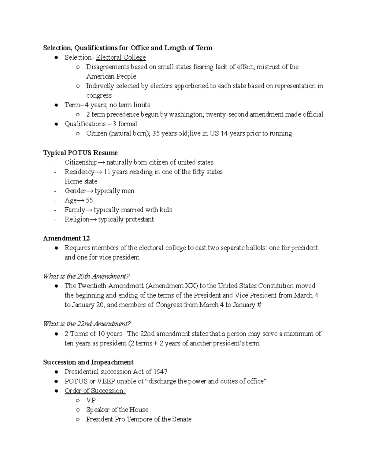 Executive Branch Notes Selection, Qualifications for Office and