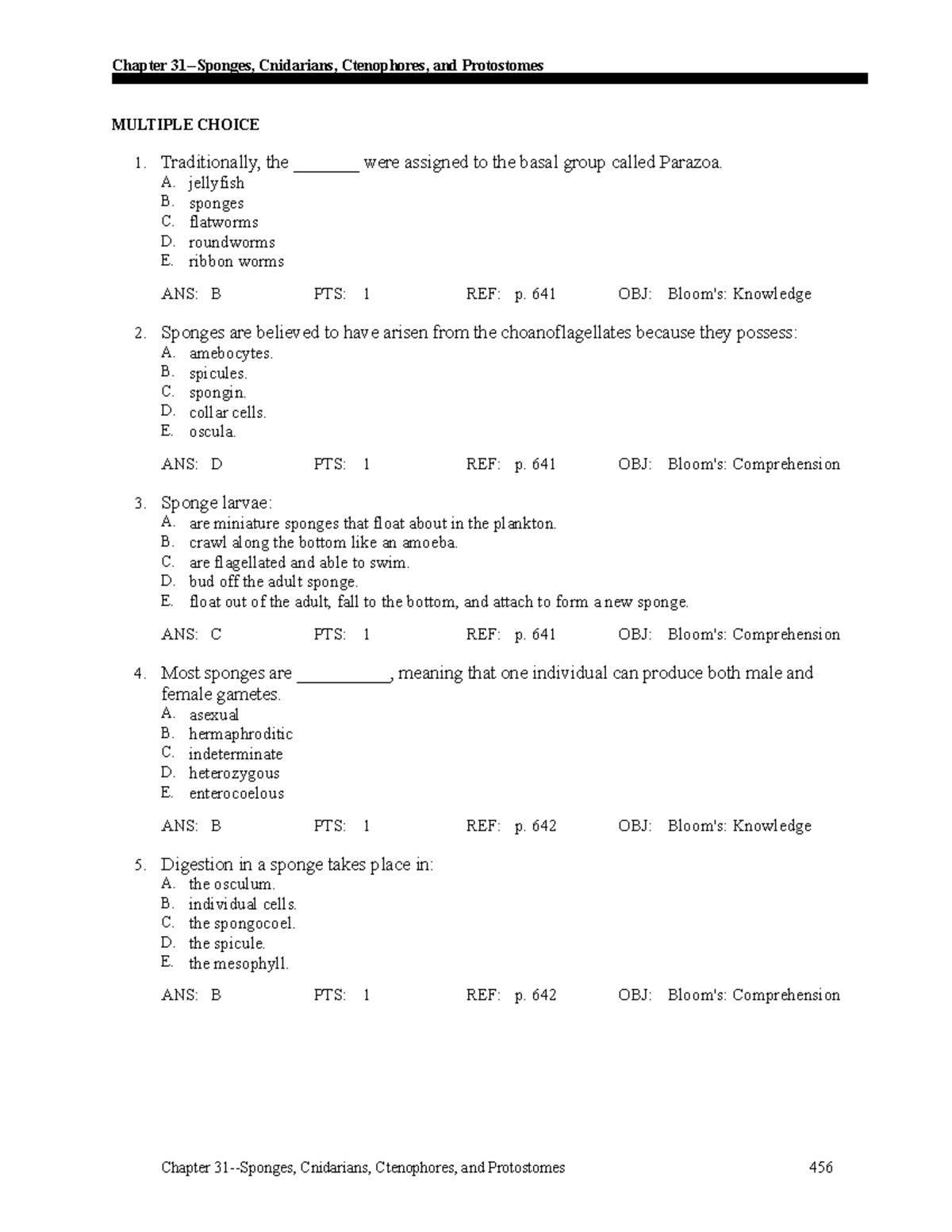 Ch 31 Lecture notes 5 Chapter 31Sponges, Cnidarians, Ctenophores