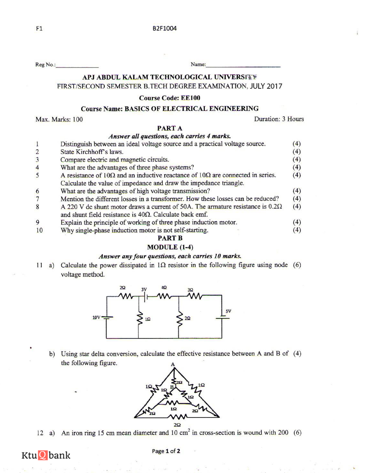 7 . Basics Of Electrical Engineering (EE100) -Supple Exam - Jan 2017 ...