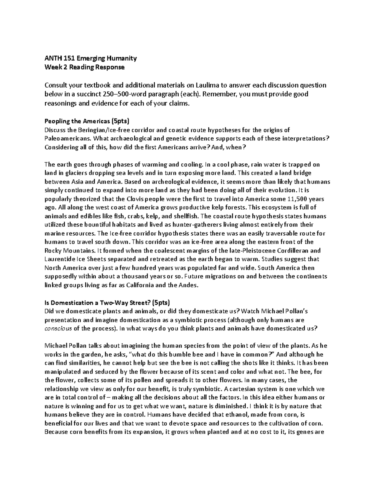 Reading Response 2 - ANTH 151 Emerging Humanity Week 2 Reading Response ...