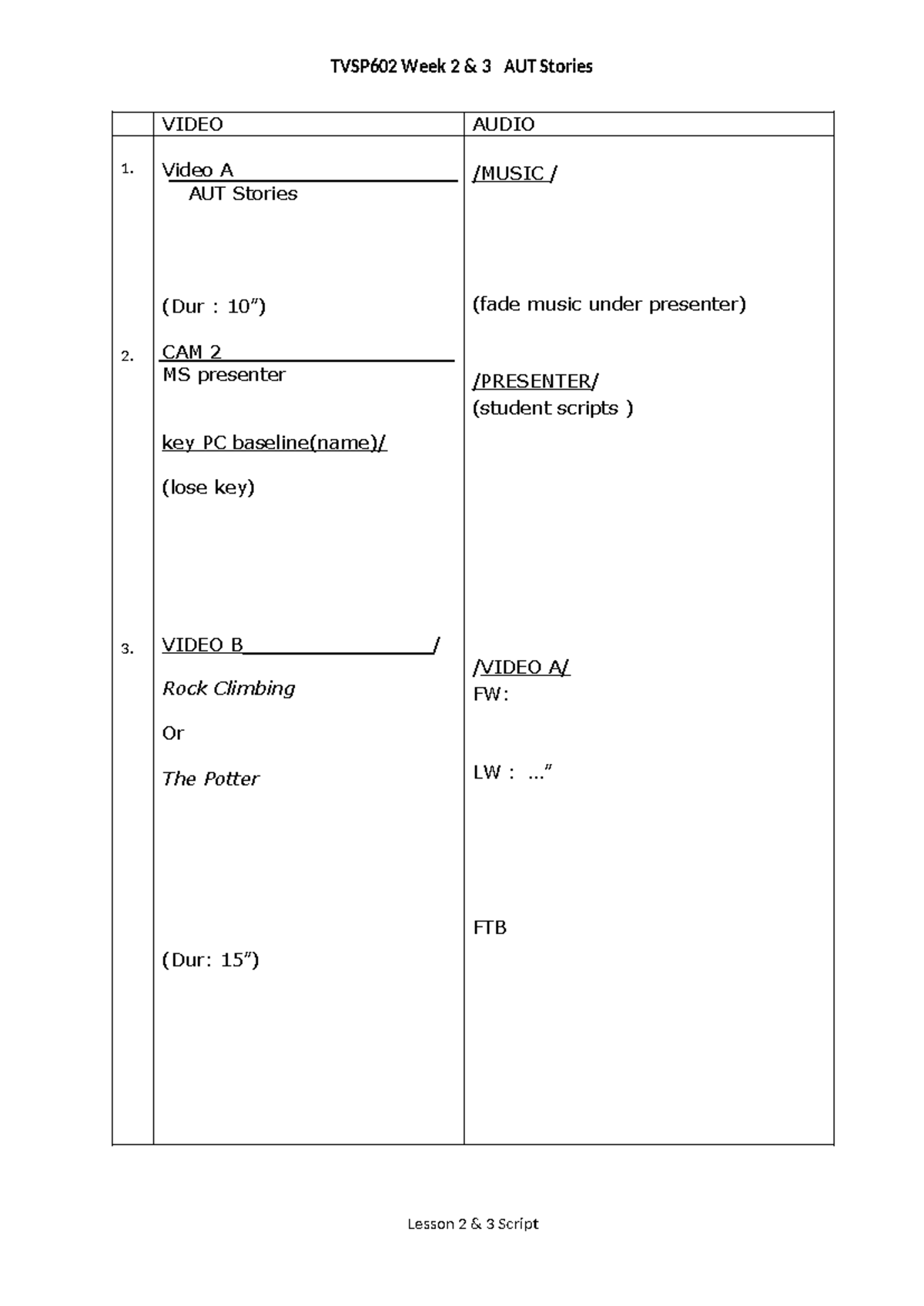 WEEK 2+3 Script Template - Studio Production - TVSP602 Week 2 & 3 AUT ...