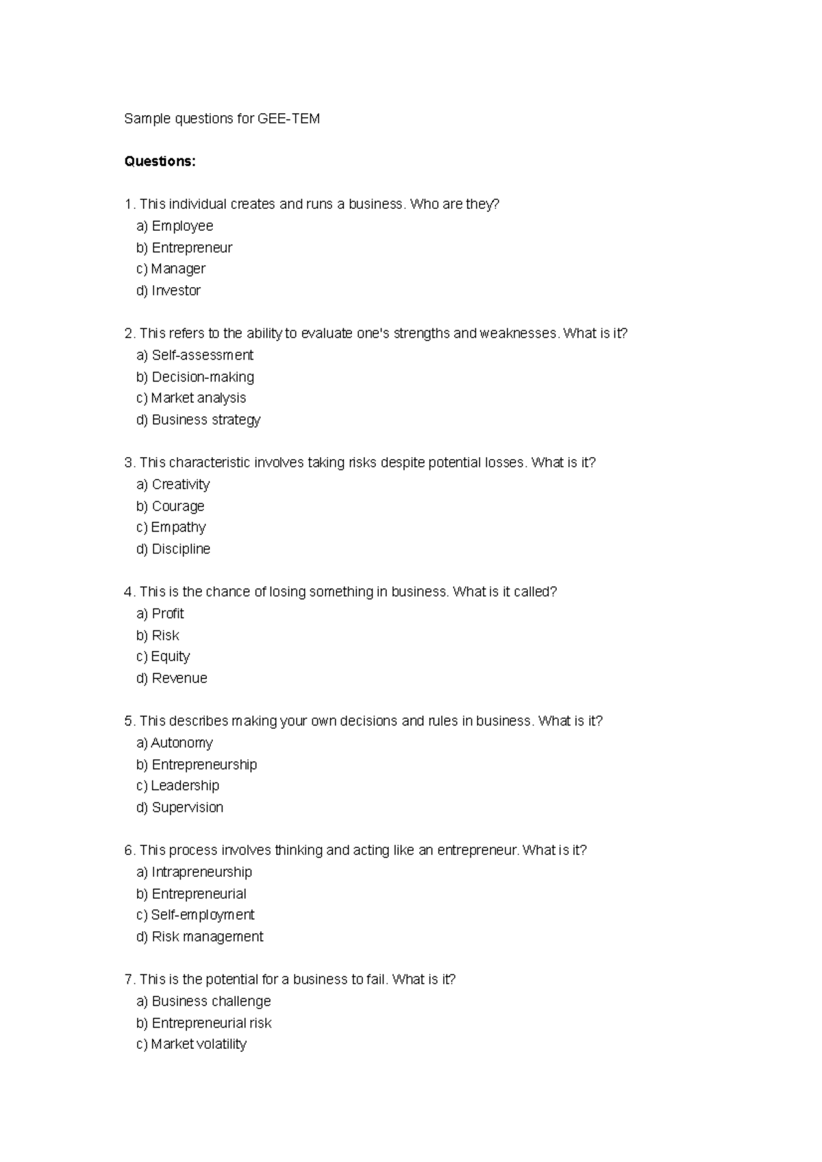 Sample question GEE TEM - Sample questions for GEE-TEM Questions: This ...