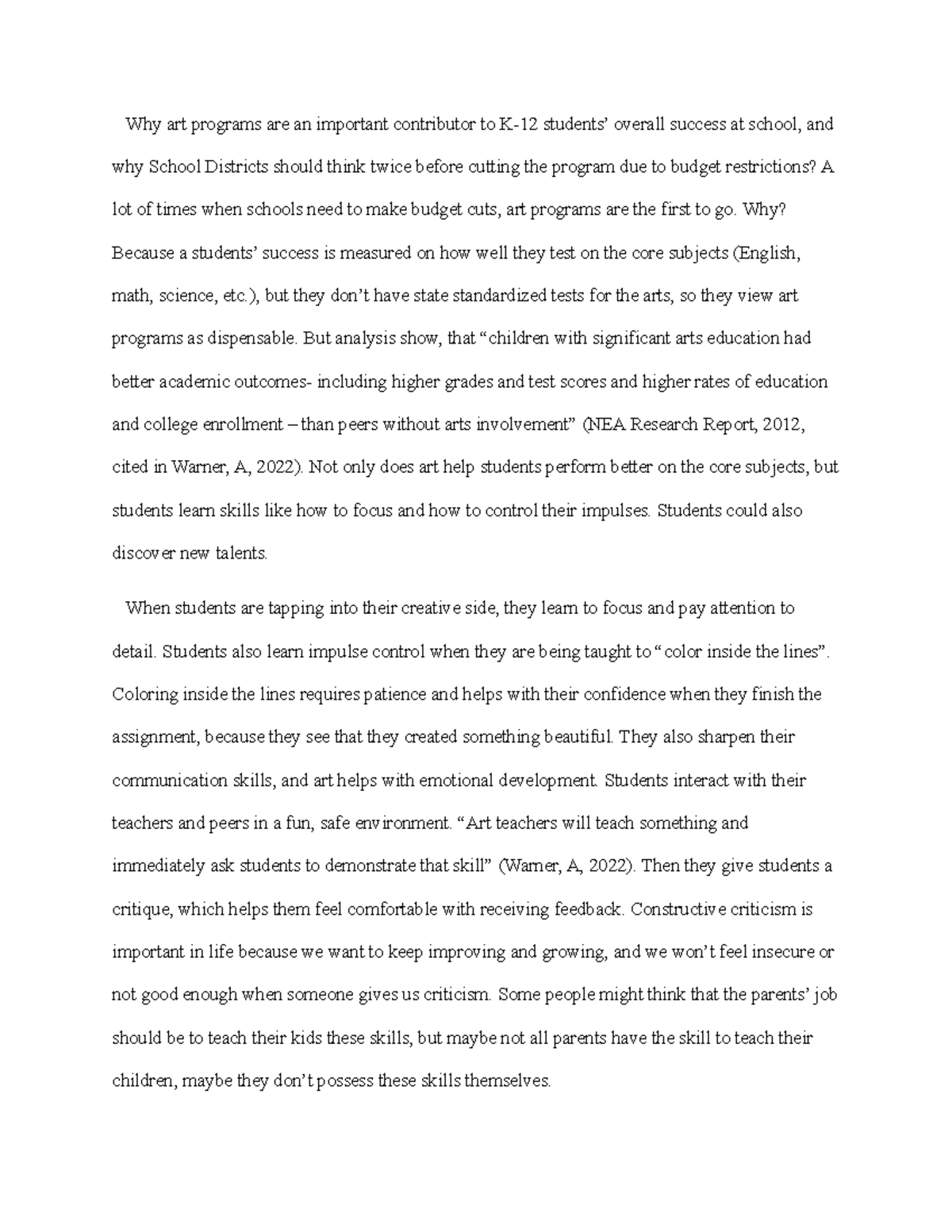 ENG190 Module One Journal Why art programs are an important