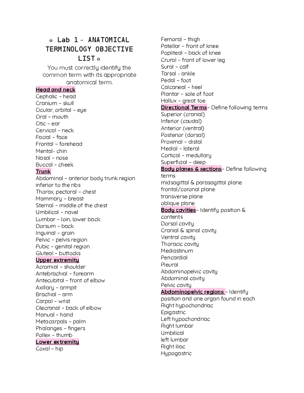 Lab 1 Anatomical Terminology Objective List - ☆ 홻횊횋 ퟷ 홰홽홰횃홾홼홸홲홰홻 ...