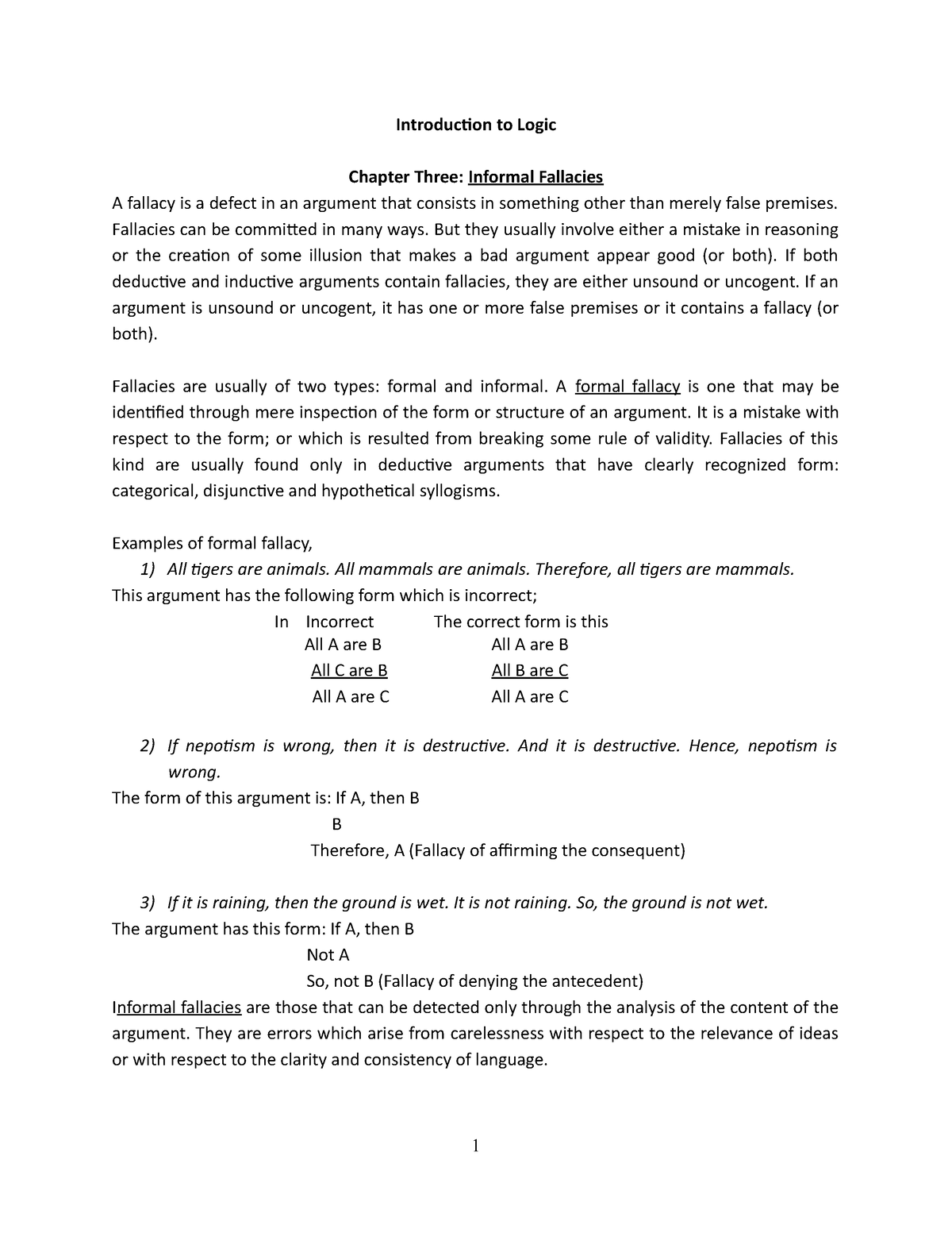 Logic Ch 3 Notes - Introduction To Logic Chapter Three: Informal ...