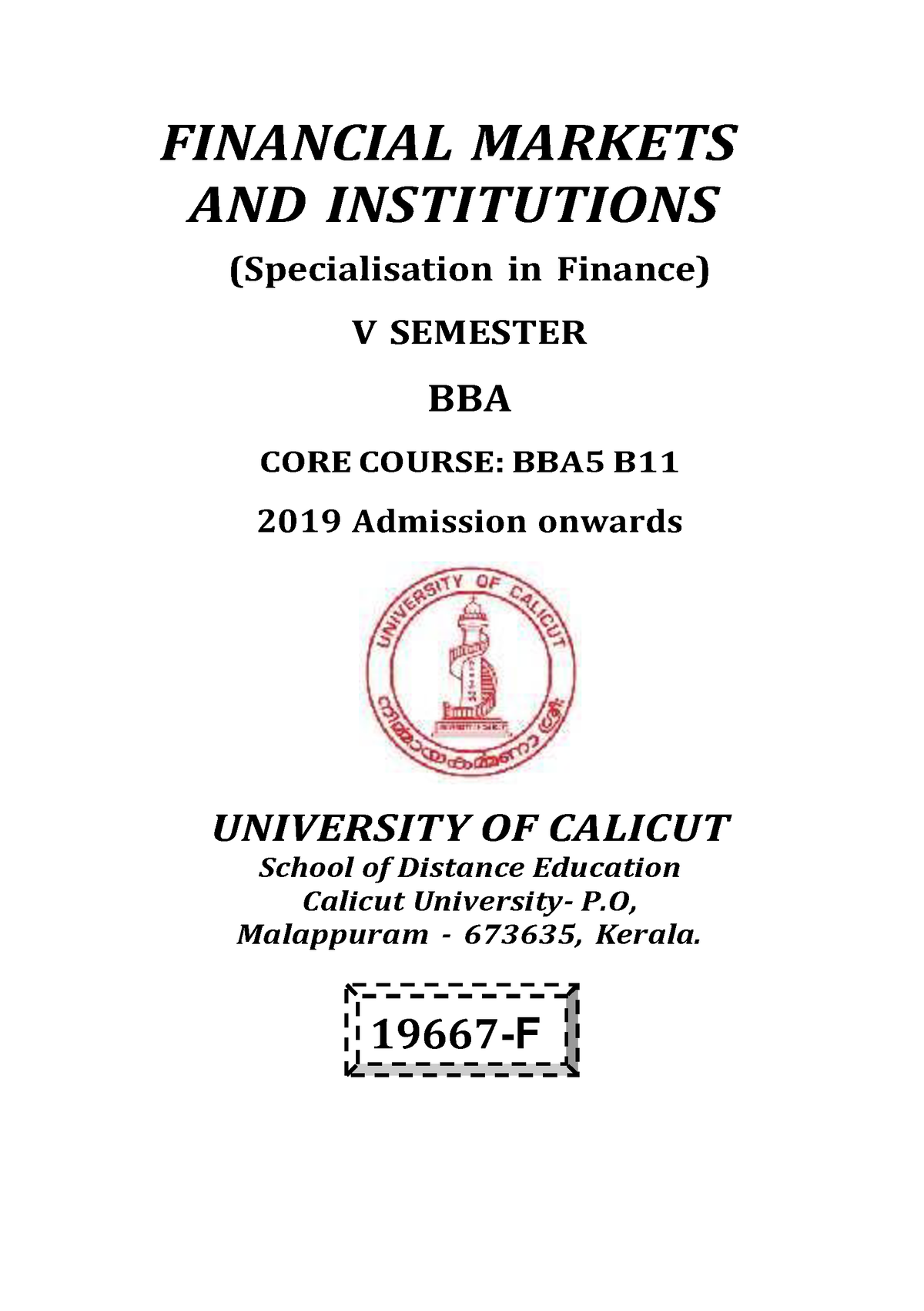 BBA - Fiancial Markets And Institutions - Syllabus - 19667 -F FINANCIAL ...