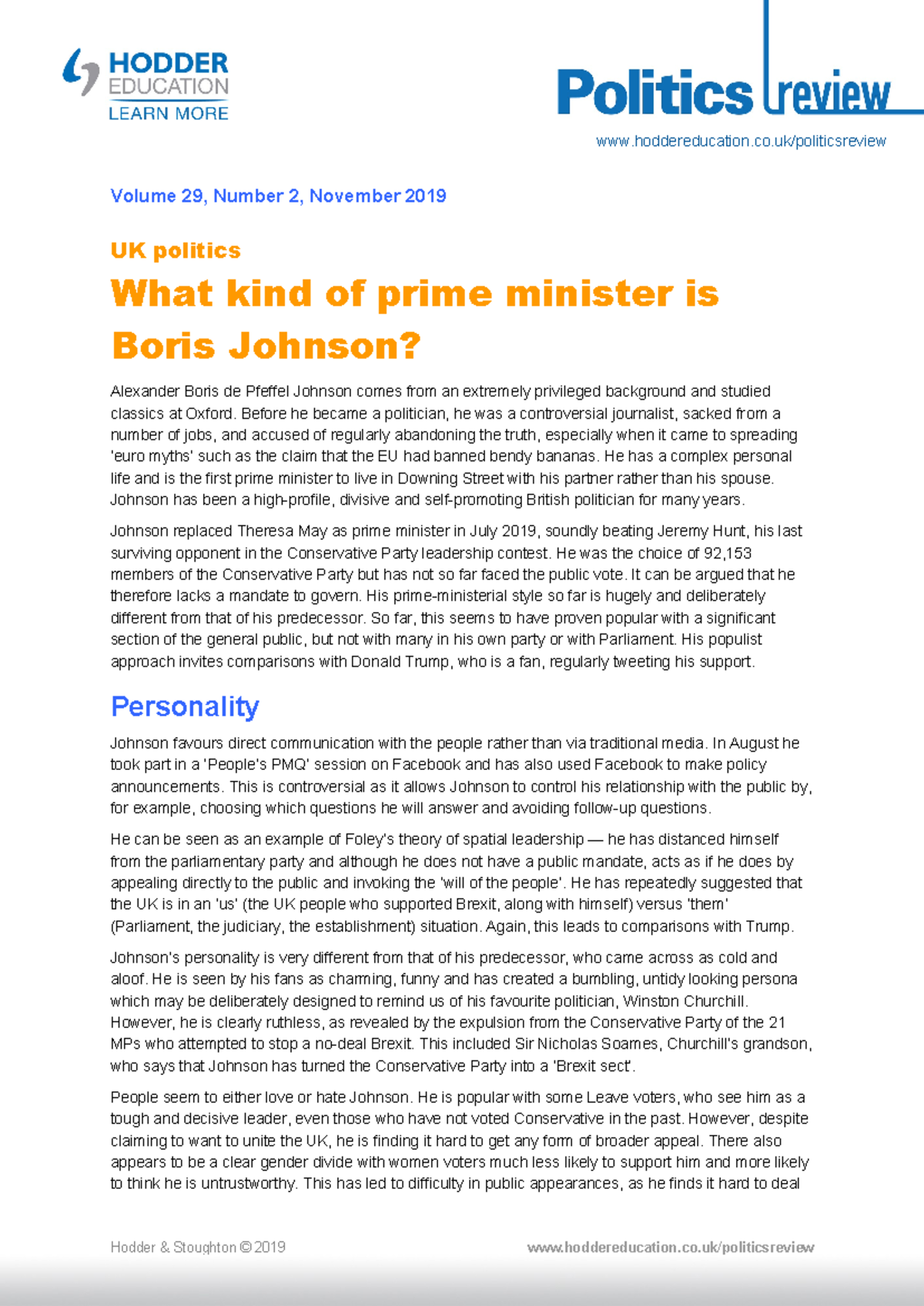 Politics Review 29 2 UK PM - hoddereducation.co/politicsreview Volume ...
