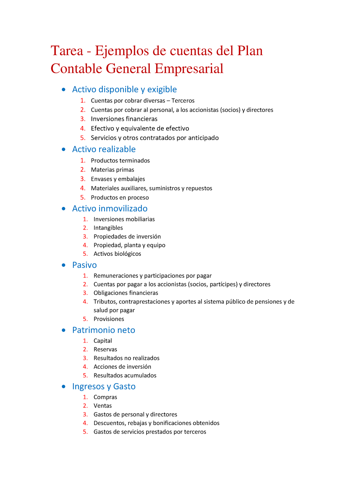 Tarea Ejemplos De Cuentas Del Plan Contable General Empresarial