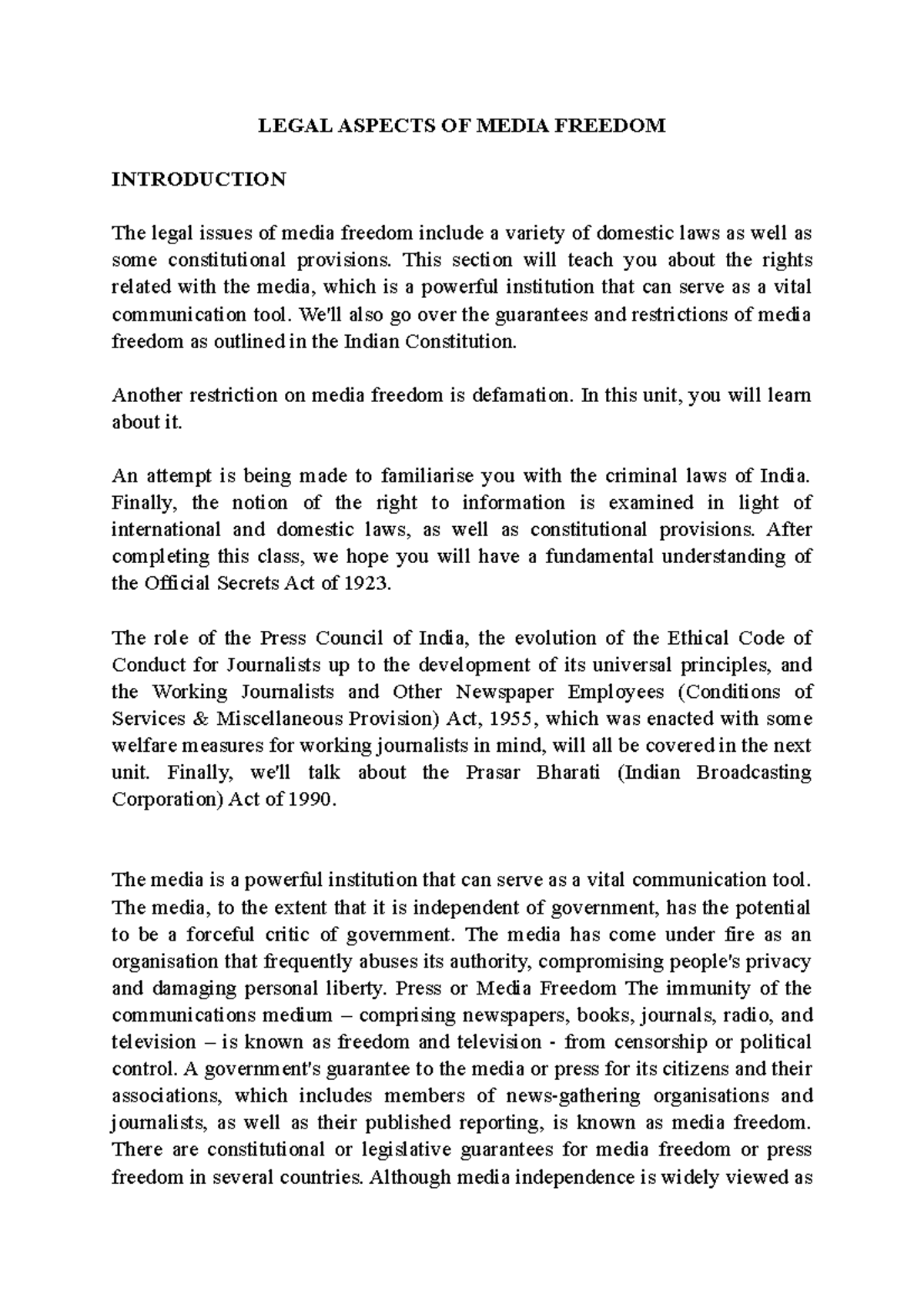 Legal Aspects OF Media Freedom - LEGAL ASPECTS OF MEDIA FREEDOM ...