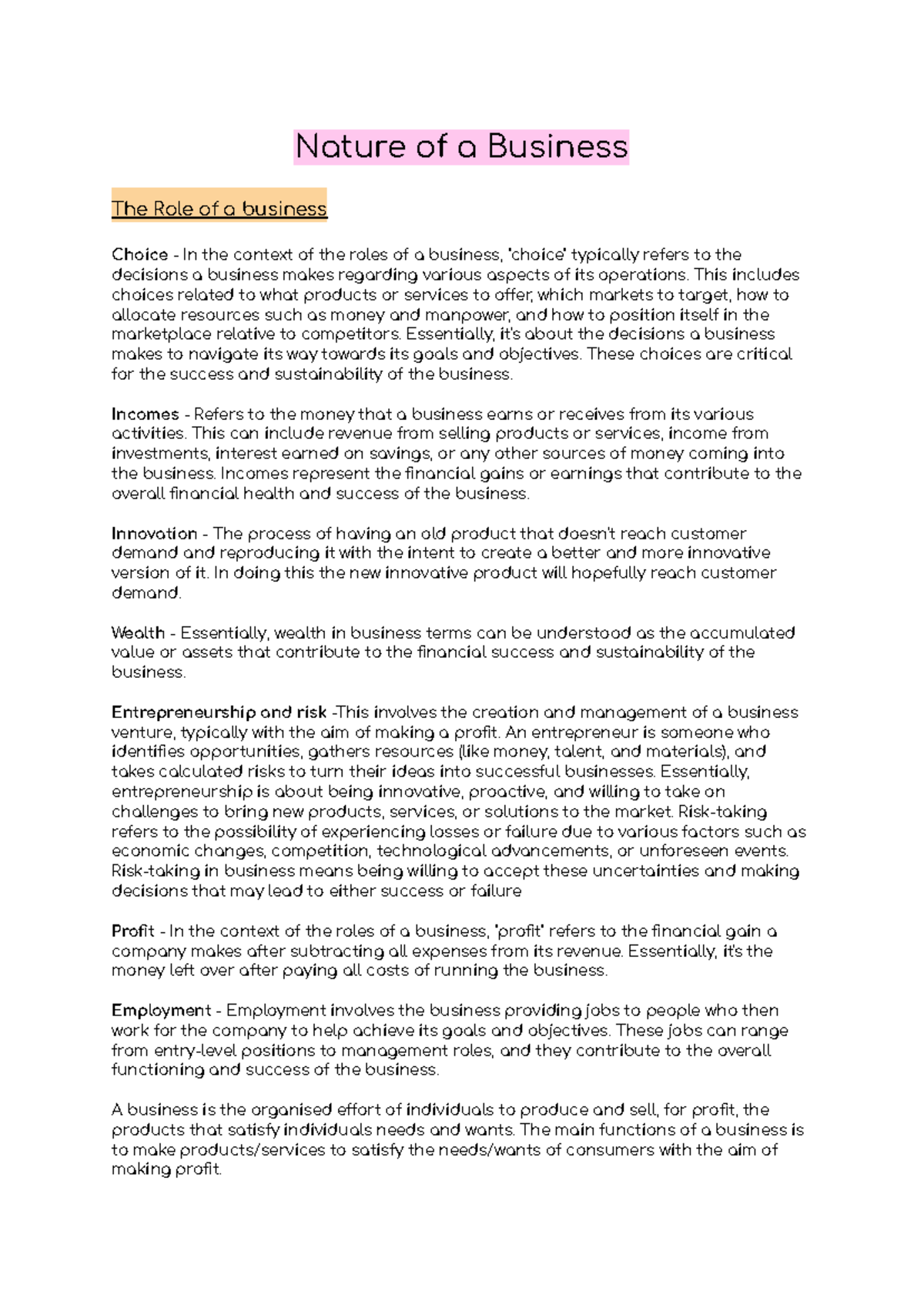 Business - Notes - Nature of a Business The Role of a business Choice ...