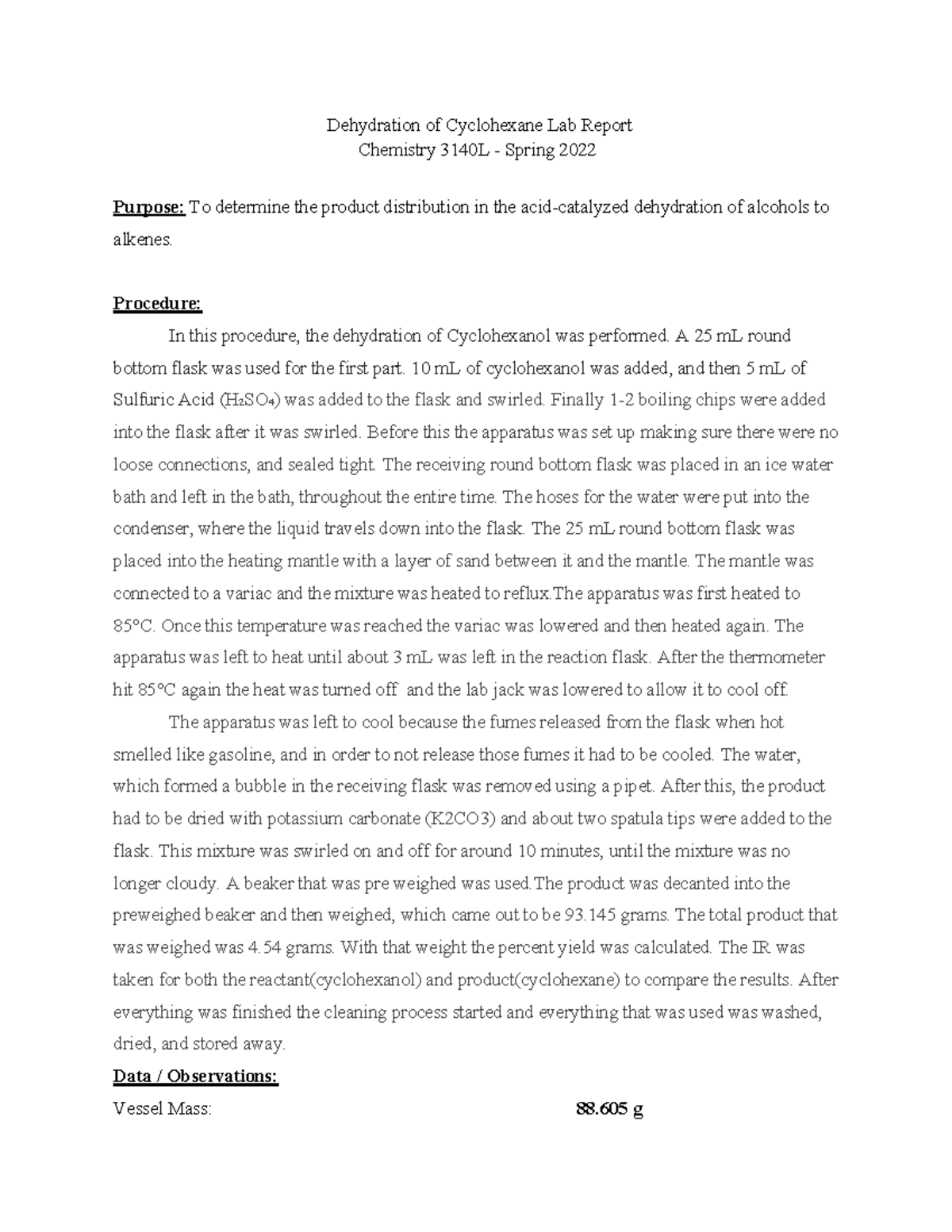 Dehydration of Cyclohexanol lab report - Dehydration of Cyclohexane Lab ...