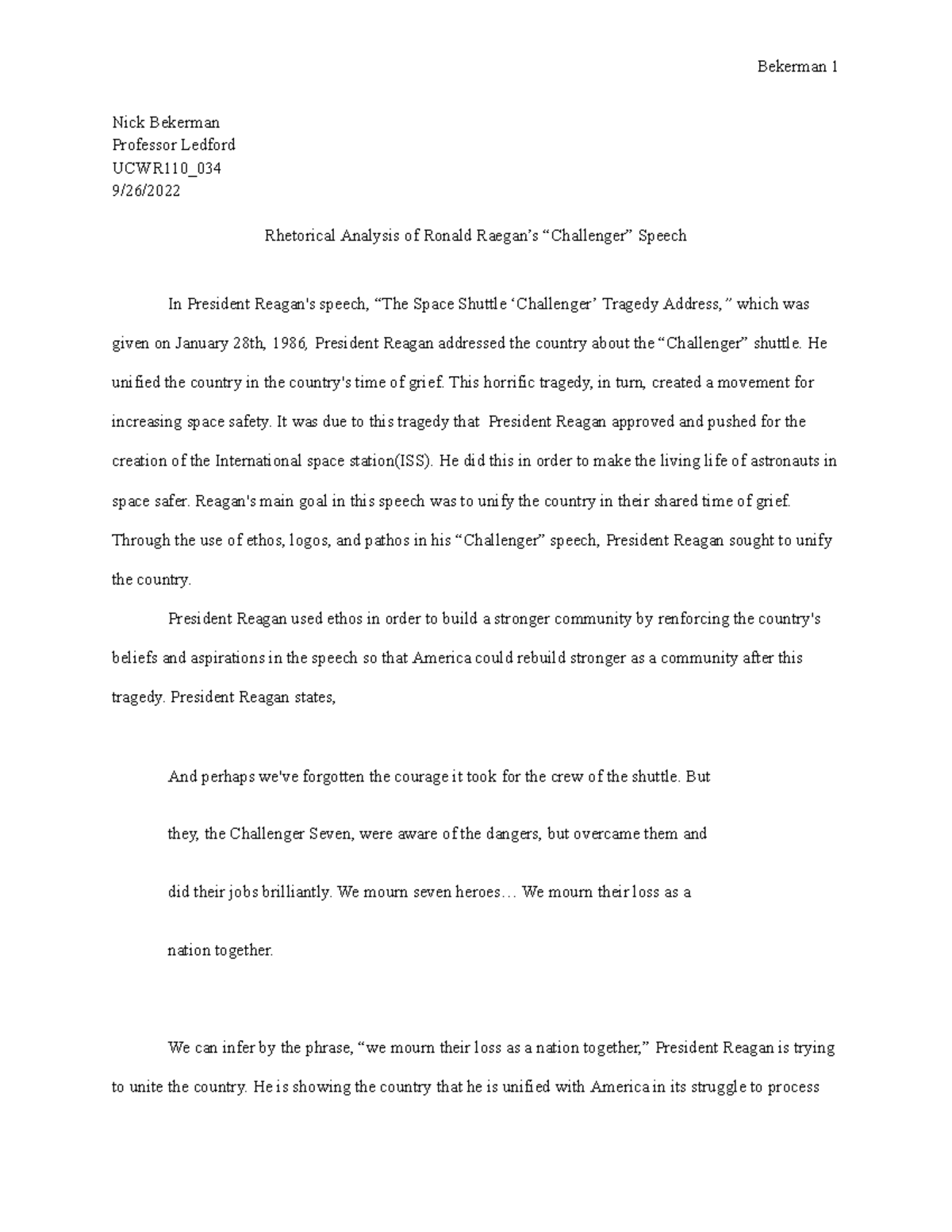 Rhetorical Analysis of Ronald Reagan's Space Shuttle Tragedy Speech - Studocu