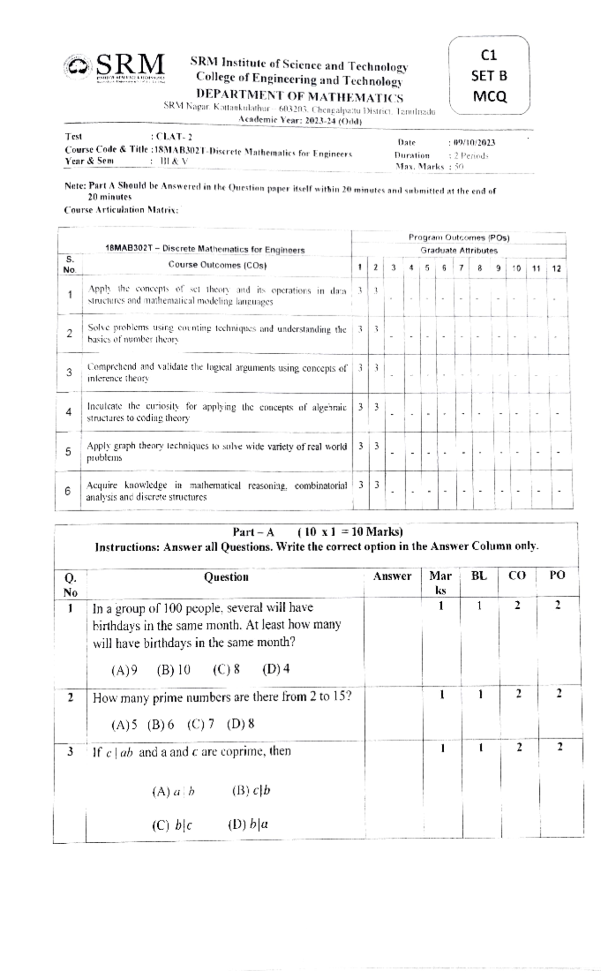 ct 2 question papers - OSRM Test Course Code & Title :18MAB302T ...