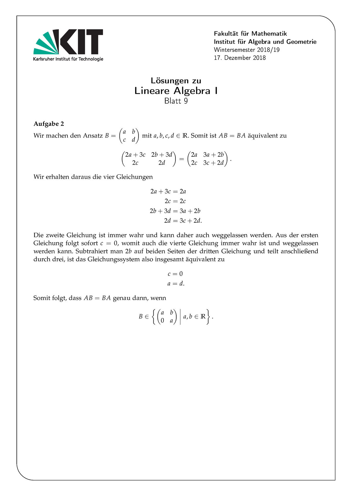 Lineare Algebra 1 Blatt 9 Loesung, Aufgaben 2 WS 18/19 - Fakultät Für ...