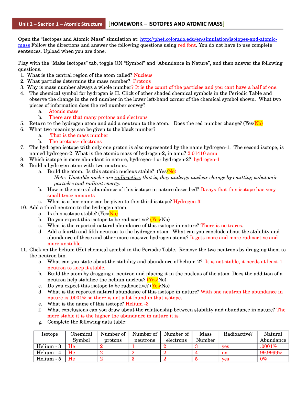 HW - Isotopes and Atomic Mass - Unit 22 – Section 22 – Atomic In Atoms And Isotopes Worksheet Answers