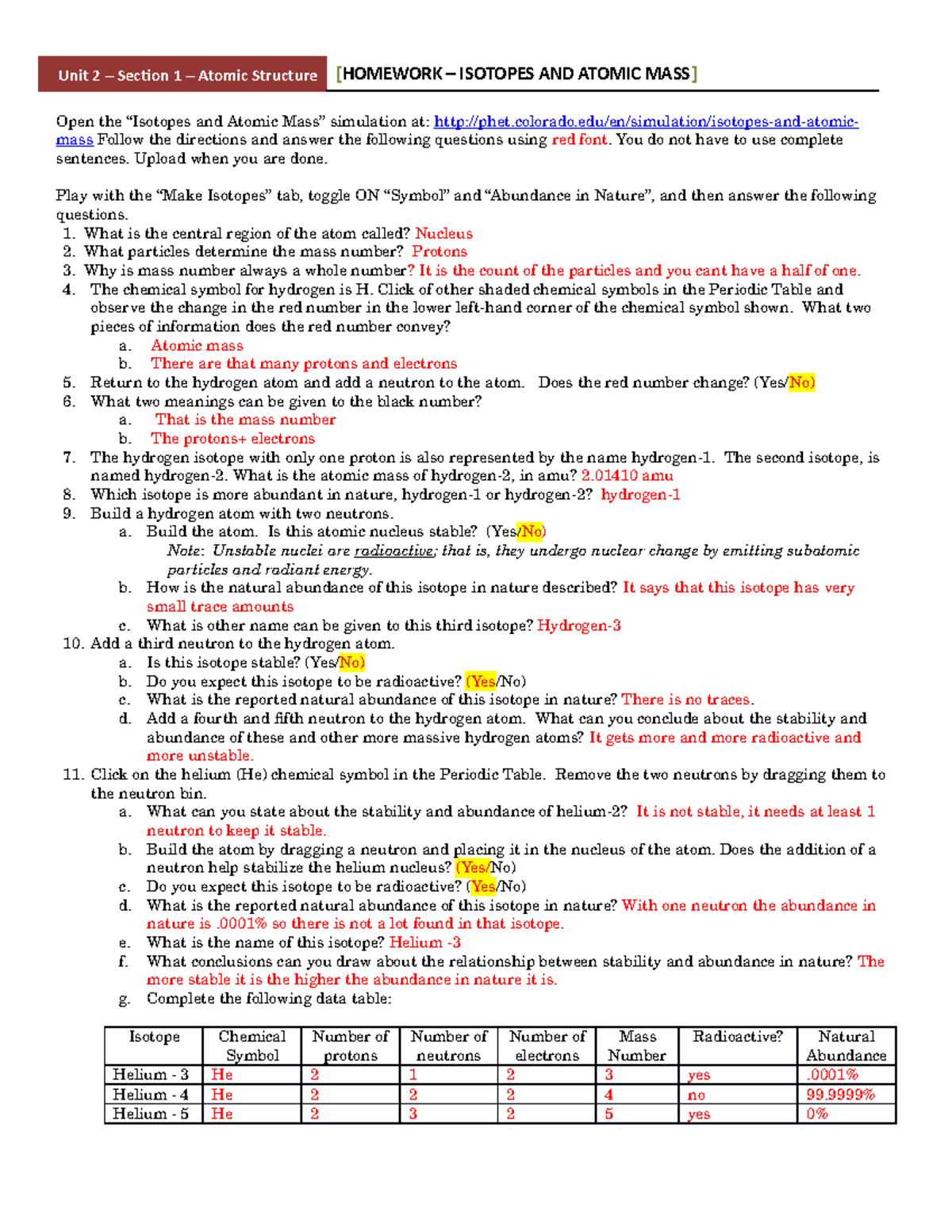 HW - Isotopes and Atomic Mass - Unit 22 – Section 22 – Atomic In Atoms And Isotopes Worksheet Answers