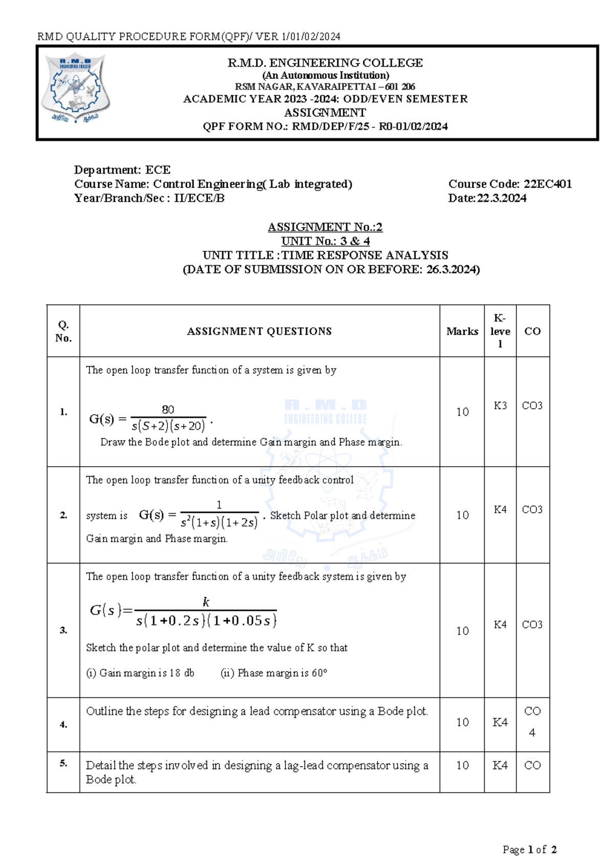 Assignment 2 - PFA - RMD QUALITY PROCEDURE FORM(QPF)/ VER 1/01/02/ R.M ...